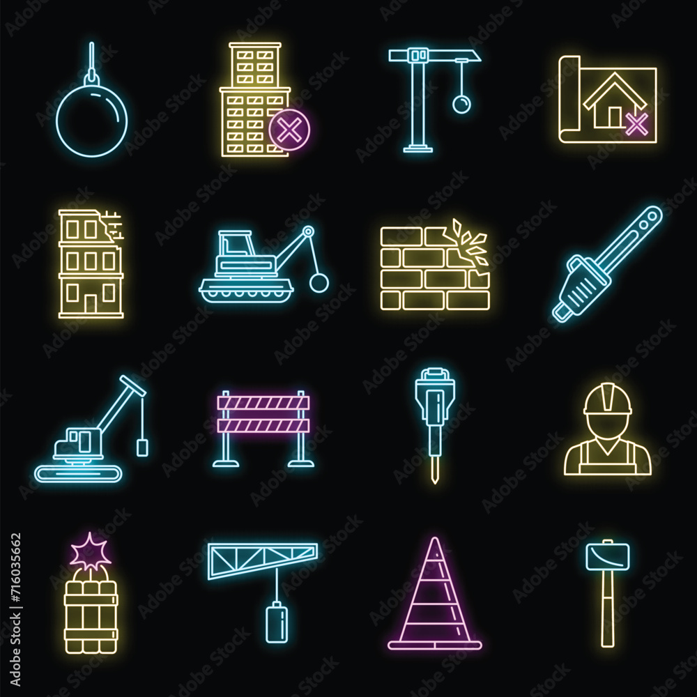 City demolition work icons set. Outline set of city demolition work ...