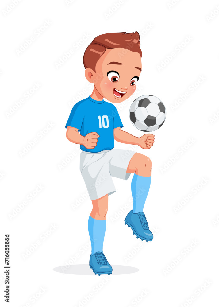 Little boy football player in blue white uniform kicking soccer ball with knee. Isolated vector illustration