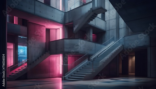 High room full of stairs, brutalist architecture, concrete, blue and pink lighting