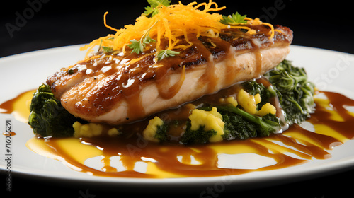 Fried salmon steak with veg...
