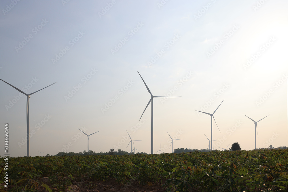 Silhouette wind turbine farm against sunrise sky, Sustainable and renewable energy Silhouette wind turbine farm against sunrise sky, Sustainable and renewable energy