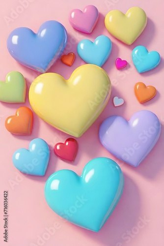 A collection of hearts in various bright colors such as blue, yellow, purple, green and orange. These hearts vary in size and are unevenly scattered throughout the image.