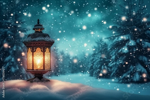 Vintage elegance Large white street lamp on snowy Christmas background