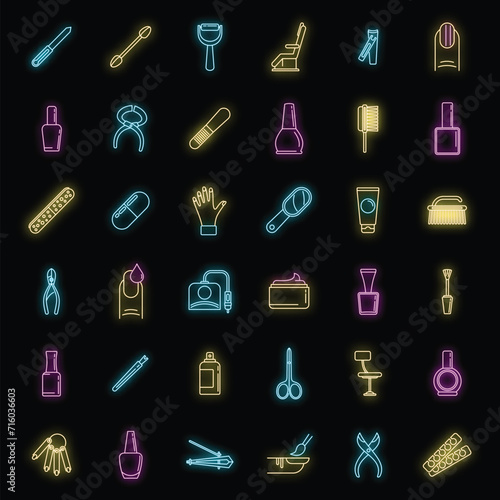 Home manicurist icons set. Outline set of home manicurist vector icons neon color on black