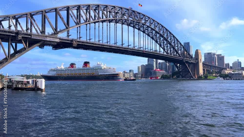 Cruise Liner going under Sydney Harbour Bridge and sydney city CBD harbour foreshore on NYE New Year's Eve NSW Australia Cruise Liner going under Sydney Harbour Bridge and sydney city CBD harbour foreshore on NYE New Year's Eve NSW Australia