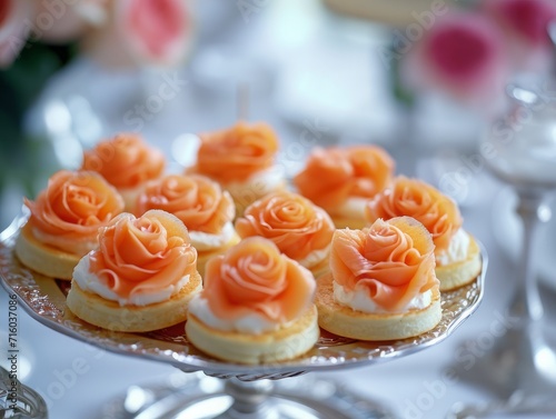 Elegant smoked salmon canapés served on a silver-tiered platter. Style: Sophisticated and Formal. Setting: Formal dinner party in a luxurious dining room with crystal chandeliers