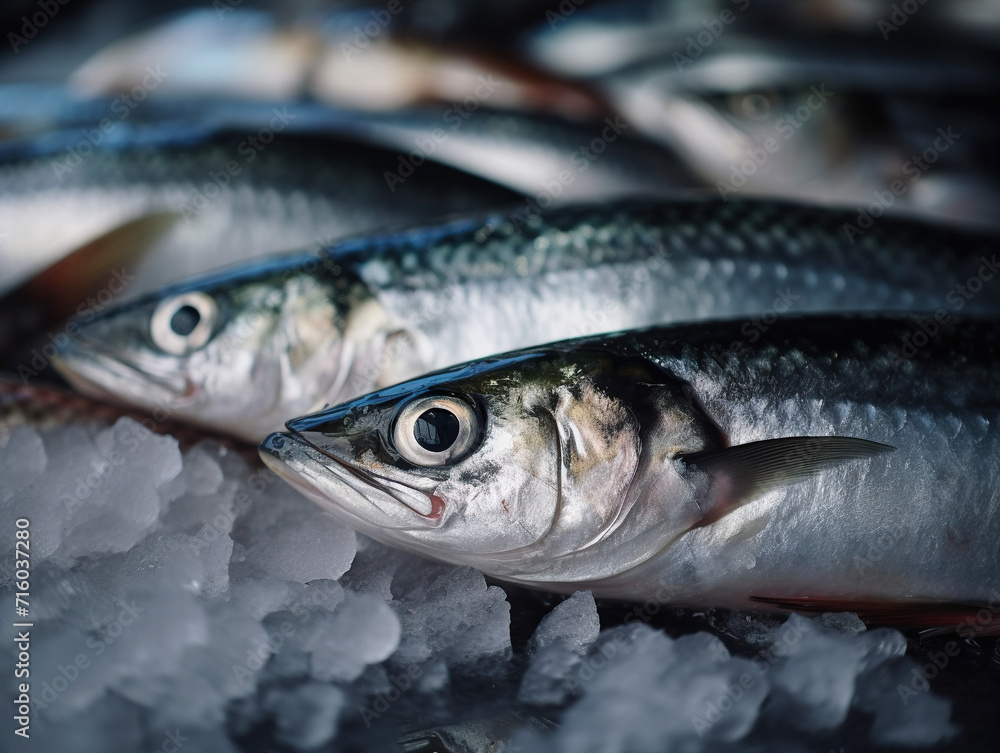 Catch of fresh Atlantic herring on ice. Fresh raw whole fish on shelf or counter of a restaurant or hypermarket or natural seafood store. Tasty healthy herring fish contains vitamin D and Omega acids Catch of fresh Atlantic herring on ice. Fresh raw whole fish on shelf or counter of a restaurant or hypermarket or natural seafood store. Tasty healthy herring fish contains vitamin D and Omega acids