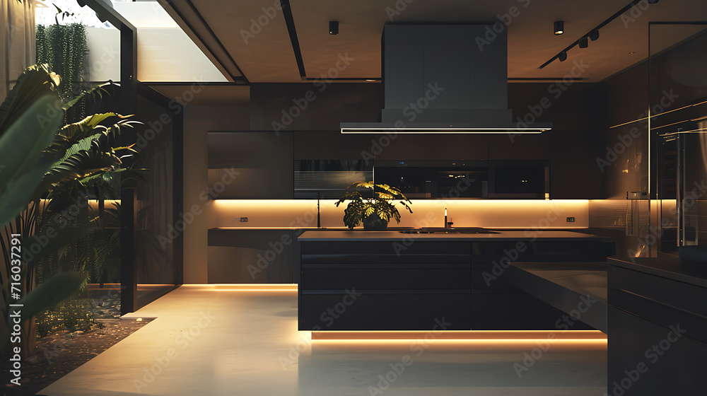 Uma cozinha minimalista elegante é iluminada pelo brilho suave da iluminação  L E D integrada criando uma sensação de elegância futurística  Um assistente inteligente alimentado por - obrazy, fototapety, plakaty 