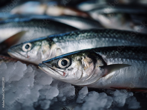 Catch of fresh Atlantic herring on ice. Fresh raw whole fish on shelf or counter of a restaurant or hypermarket or natural seafood store. Tasty healthy herring fish contains vitamin D and Omega acids