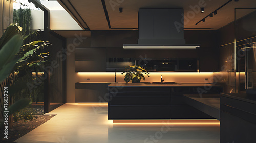 Uma cozinha minimalista elegante é iluminada pelo brilho suave da iluminação L E D integrada criando uma sensação de elegância futurística Um assistente inteligente alimentado por