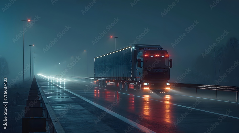 truck on the highway, a semi truck driving down a highway at night time with a bright light on the side of the truck