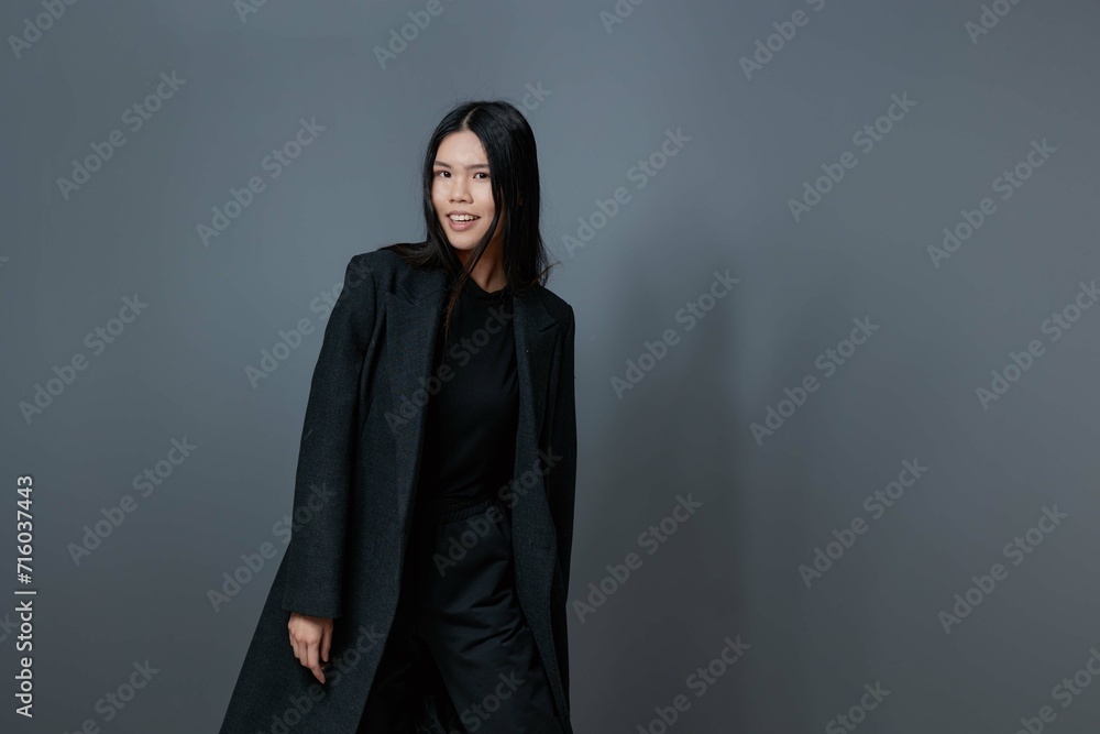Smile woman gray brunette beautiful asian lifestyle fall coat beauty trendy Smile woman gray brunette beautiful asian lifestyle fall coat beauty trendy