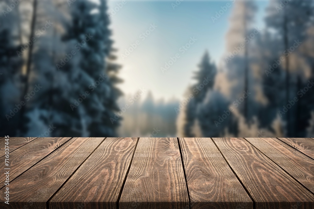 The empty wooden table top with winter forest on background