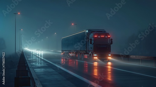 truck on the highway, a semi truck driving down a highway at night time with a bright light on the side of the truck