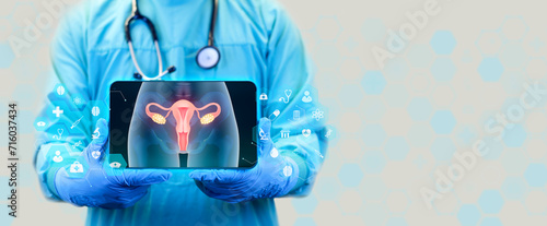 Doctor analyzes hysterosalpingography to detect problems in the fallopian tubes and uterus. Female reproductive health concept. Gynecologist with tablet isolated on white background photo