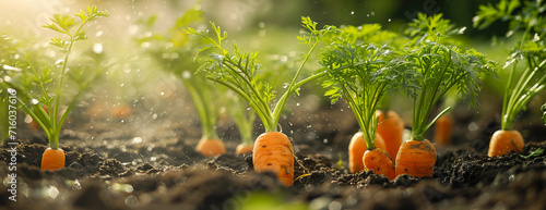 Ripe carrots plant growing in greenhouse, with water spray. Close up image