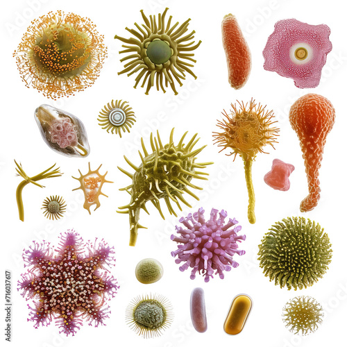 Collage set of microscopic pollen and spores plants reproductive structures over white background