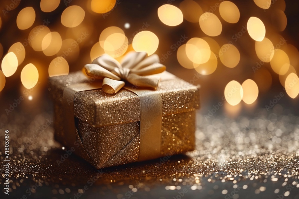 Luxury gifting Gold gift box shining against bokeh backdrop Luxury gifting Gold gift box shining against bokeh backdrop