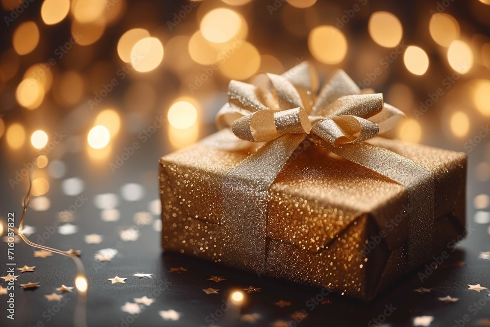 Luxury gifting Gold gift box shining against bokeh backdrop Luxury gifting Gold gift box shining against bokeh backdrop