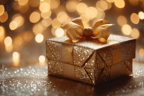 Gleaming gift Gold gift box against a bokeh background