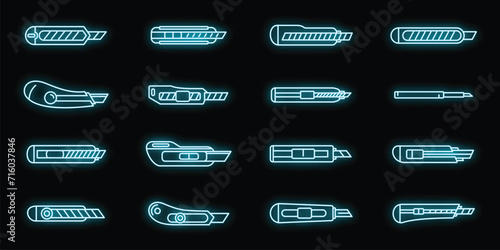 Home cutter icons set. Outline set of home cutter vector icons neon color on black