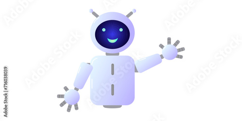 Chatbot assistant form robot with ai 3d. Cute friendly bot neural network. Isolated character waves hand. Website design of social networking applications. Vector illustration.