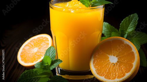 Glass of 100 percent Orange juice with orange sacs and slices fruits isolate on black. photo