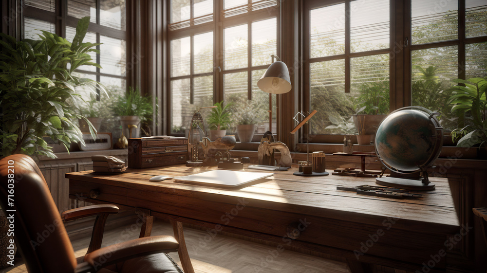 home office with plant, desk and large windows - Generative AI home office with plant, desk and large windows - Generative AI