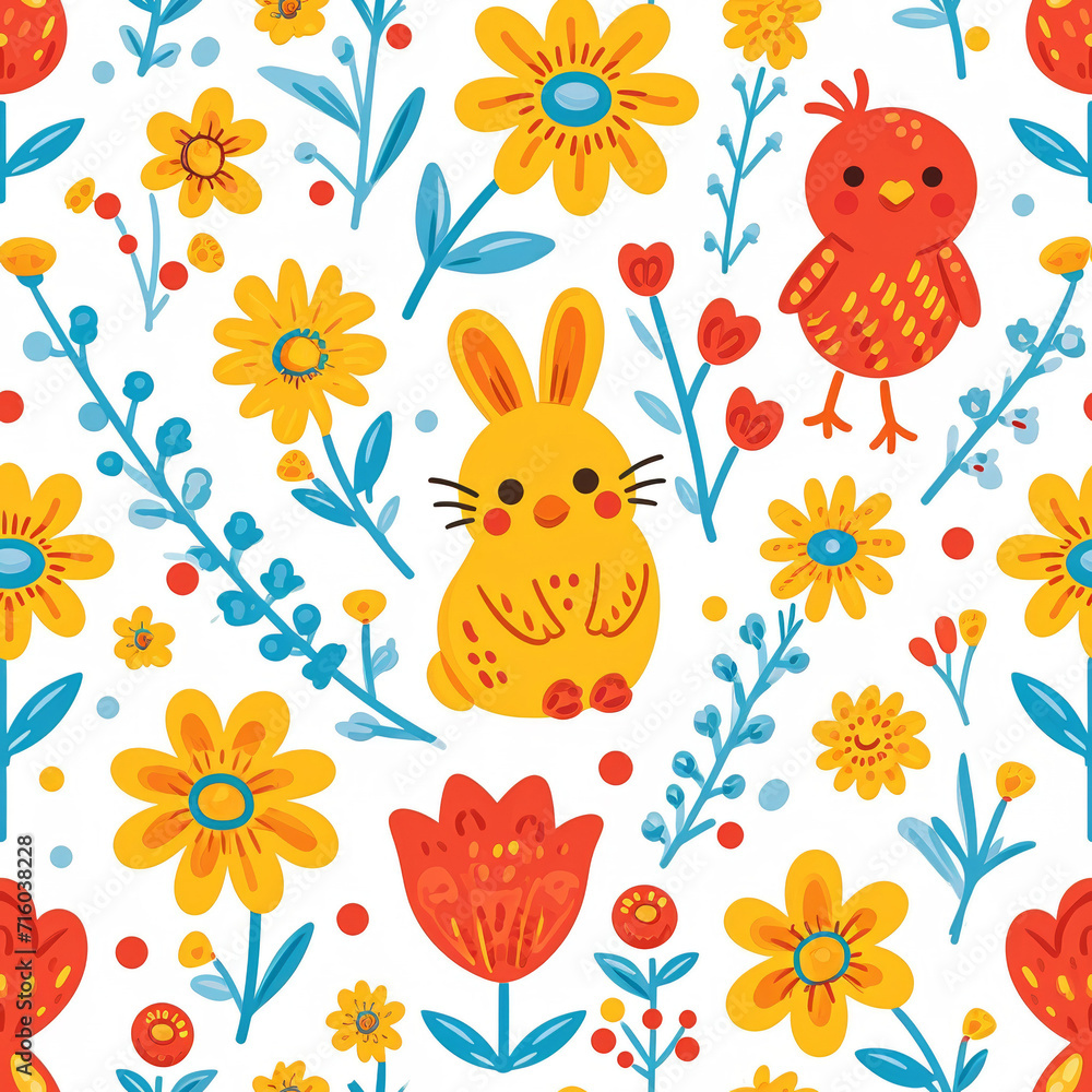 Spring Tile Pattern with Easter Bunnies, Chicks, and Flowers, ai generated