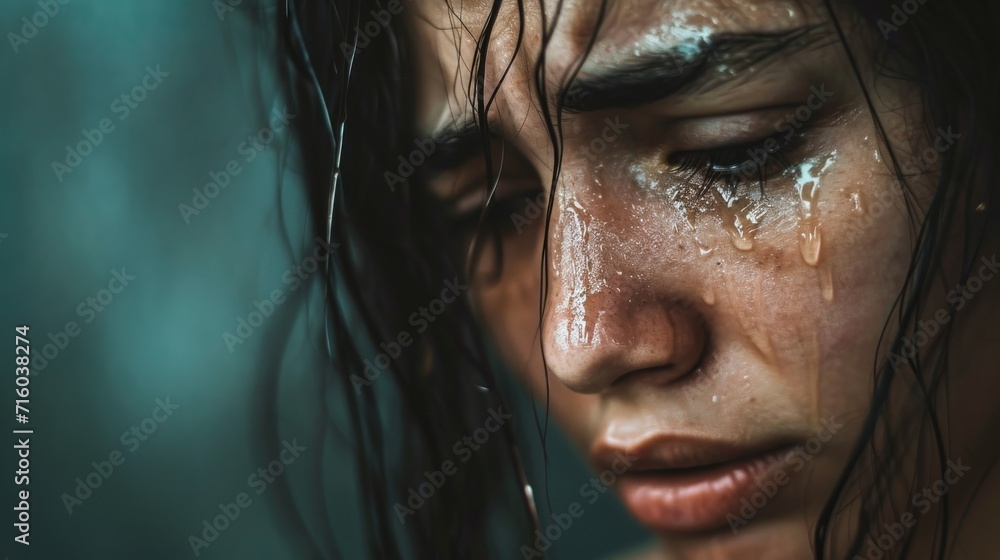A vulnerable woman's tear-stained face, with mascara running down her cheeks, reveals the rawness of her emotions and the delicate intricacies of the human organ that is the eye A vulnerable woman's tear-stained face, with mascara running down her cheeks, reveals the rawness of her emotions and the delicate intricacies of the human organ that is the eye