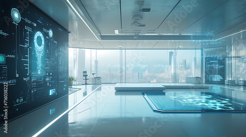 Um laboratório minimalista e elegante com tecnologia de ponta e grandes janelas panorâmicas com vista para uma cidade futurista