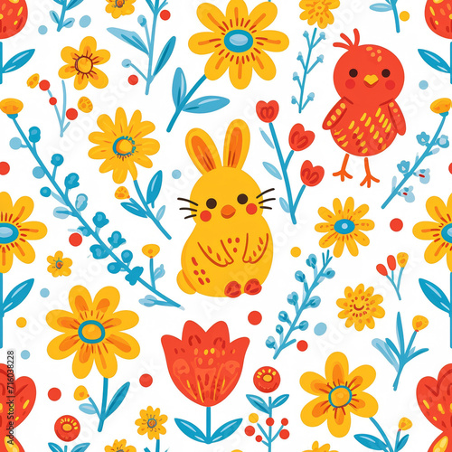 Spring Tile Pattern with Easter Bunnies  Chicks  and Flowers  ai generated