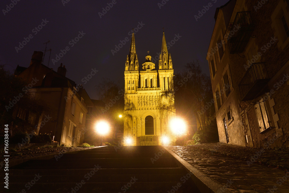 Angers, France. Night view of Angers Cathedral (Cathédrale Saint-Maurice d'Angers). December 26, 2023.