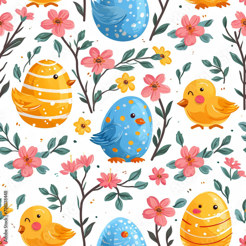 Spring Tile Pattern with Easter Chicks and Flowers  ai generated