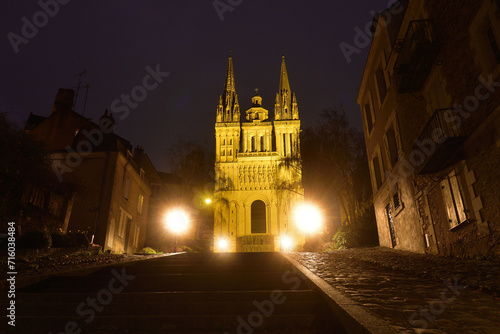 Angers, France. Night view of Angers Cathedral (Cathédrale Saint-Maurice d'Angers). December 26, 2023.