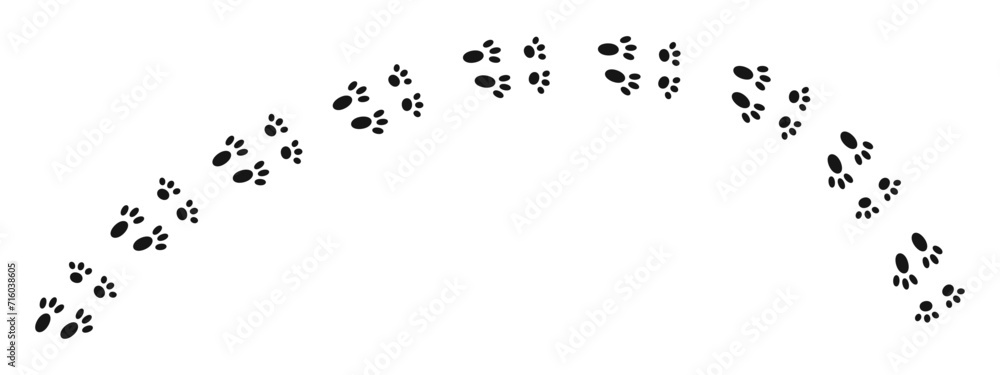 Bunny wet, mud or snow pawprints. Rabbit paw stamps. Trace of steps of running or walking hare or other wild animal isolated on white background. Easter concept. Vector graphic illustration - obrazy, fototapety, plakaty 
