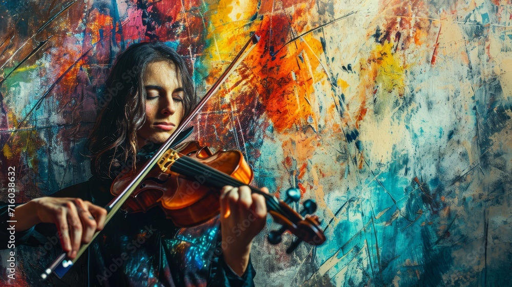 A woman passionately playing a violin in a mesmerizing painting, showcasing the beauty and complexity of the string instrument family