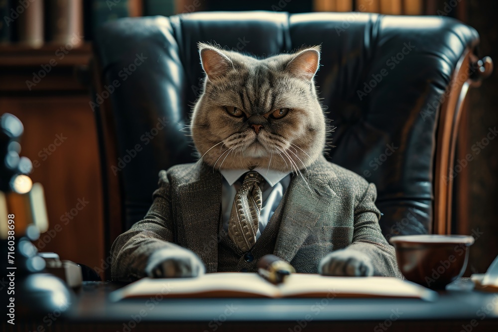 A sophisticated feline lounges in a formal suit, exuding elegance and poise as it sits comfortably on a chair indoors