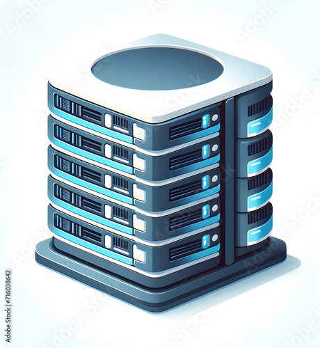 Modern Blue and Gray Cartoon Server Tower with White Top on White Background, Concept of Digital Storage & Network Infrastructure - Flat Design Illustration photo
