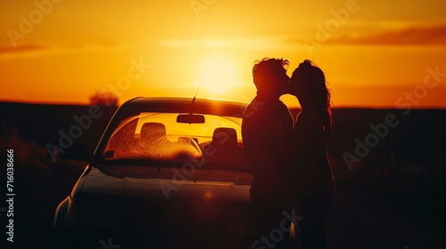 Couple kissing in sunset photo