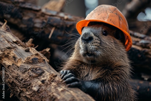 A hardworking beaver takes on the great outdoors, donning a sturdy hard hat to protect its furry head while building its woodland home