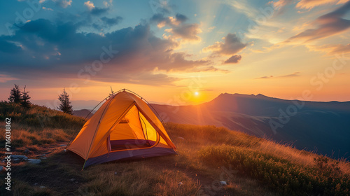 camping in the mountains at sunset photo