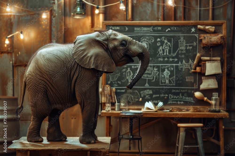 Fototapeta premium An imposing indian elephant disrupts the ordinary setting of a classroom as it confidently stands atop a table, drawing curious gazes from students and teacher alike