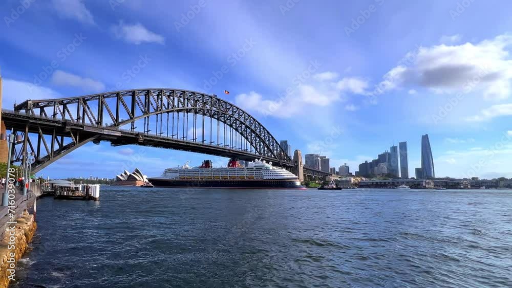Cruise Liner going under Sydney Harbour Bridge and sydney city CBD harbour foreshore on NYE New Year's Eve NSW Australia Cruise Liner going under Sydney Harbour Bridge and sydney city CBD harbour foreshore on NYE New Year's Eve NSW Australia