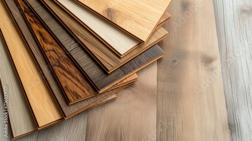 Wood laminate or vinyl floor samples. Assortment of parquet or laminate floor samples in natural colors. photo