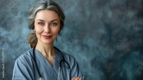 A cheerful lady wearing scrubs and a stethoscope around her neck smiles brightly for a portrait, radiating confidence and warmth through her human face and expressive features