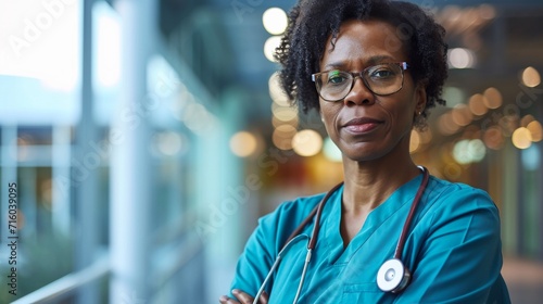 A joyful woman with a kind smile wearing blue scrubs and eyeglasses stands outdoors, radiating confidence and compassion as she prepares to care for others