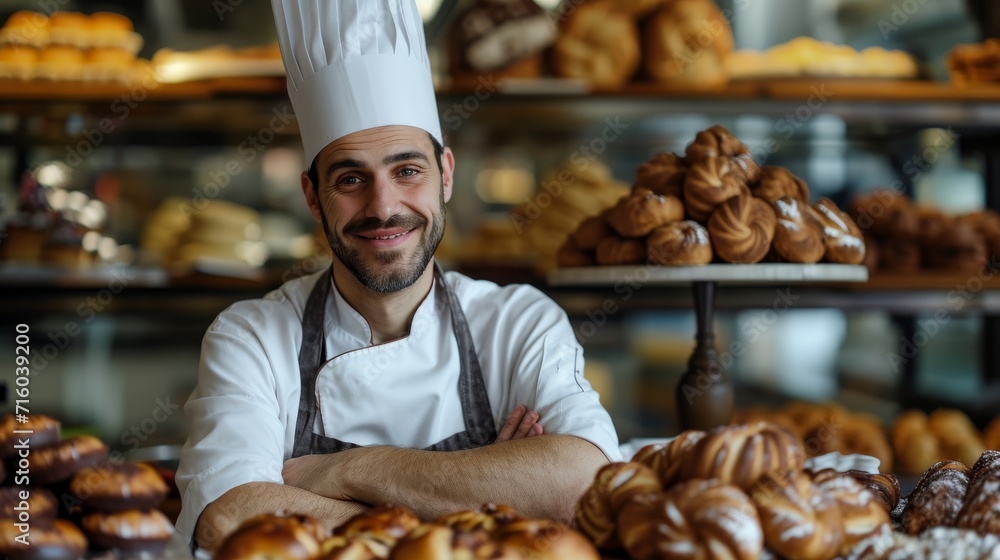 A skilled baker in a crisp white chef's hat proudly presents his delectable array of freshly baked pastries at his bustling bakery shop
