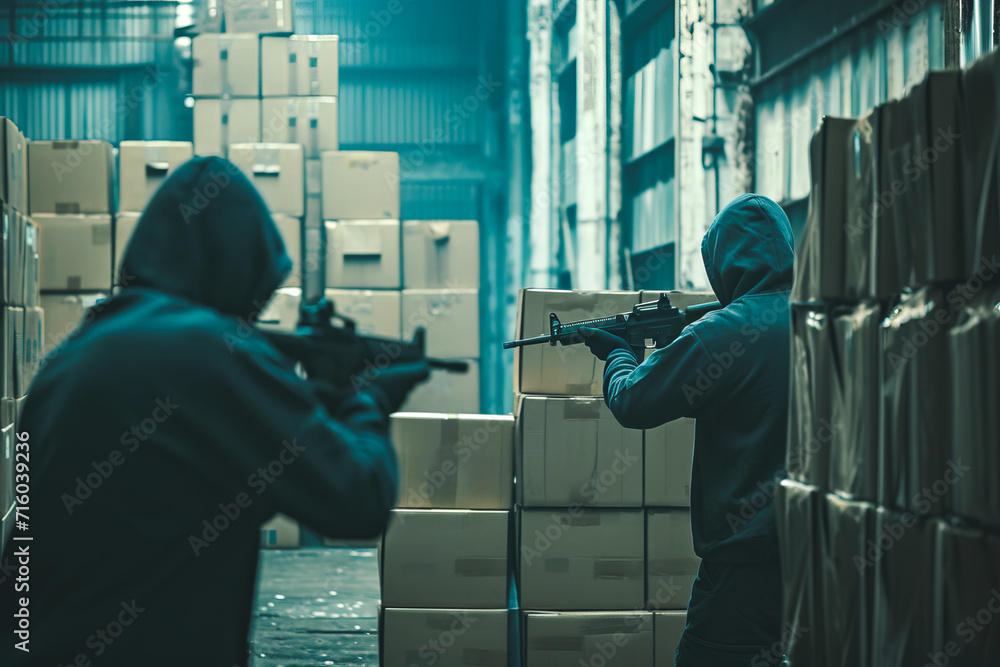 Arms trafficking concept with group of men pointing with fire arms in warehouse Arms trafficking concept with group of men pointing with fire arms in warehouse