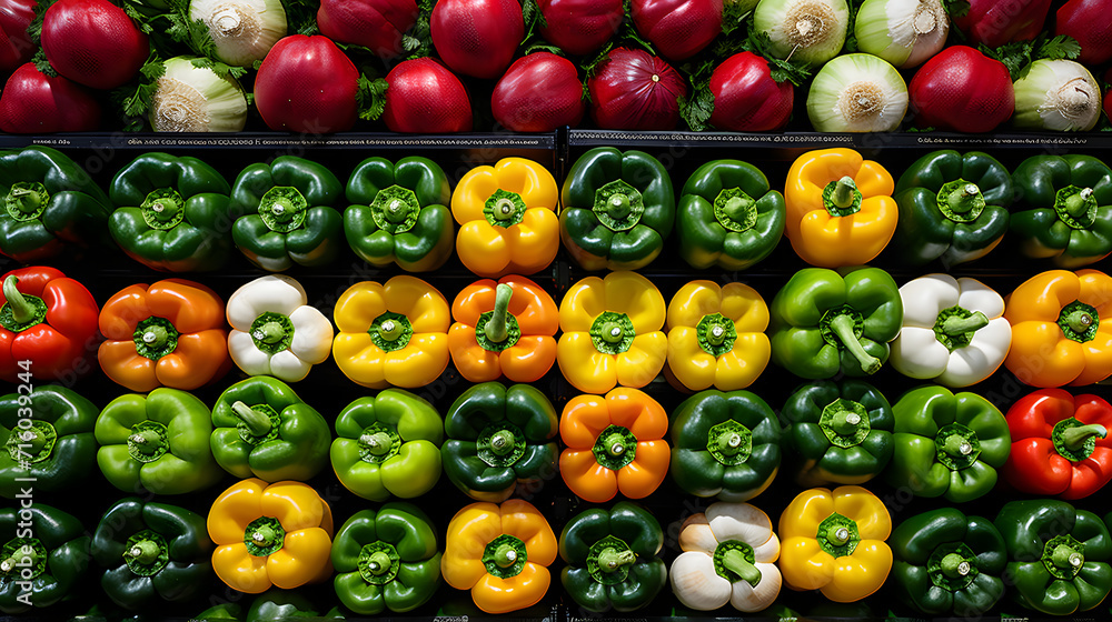 Red peppers pattern background. Close up. Street vegetable market vegetables.